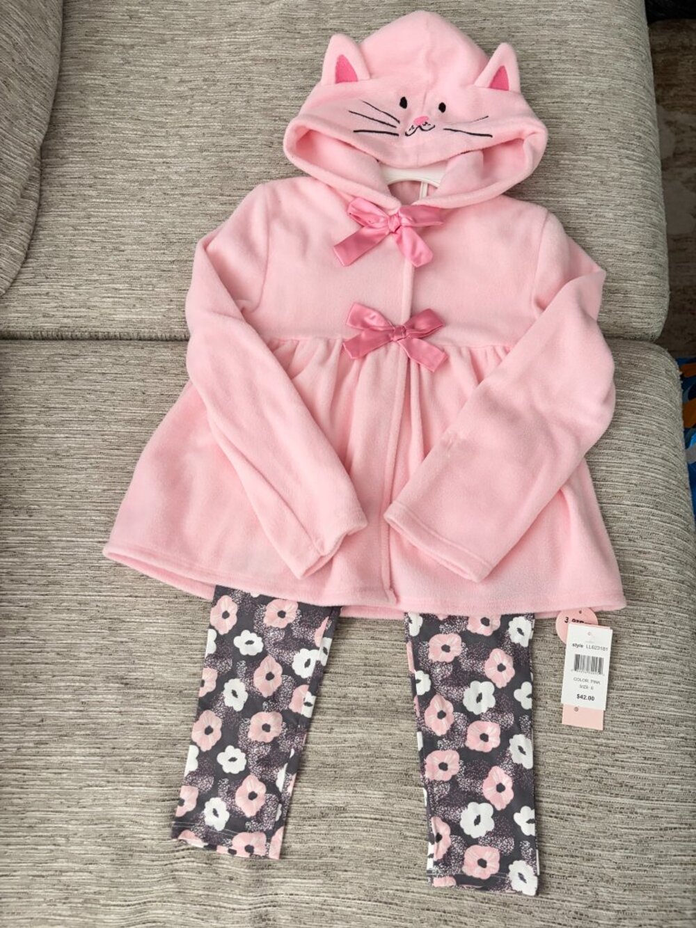 NWT Little Lass 6Y Girls 3 pcs Kitten Plush Pink and Navy Flower Outfit